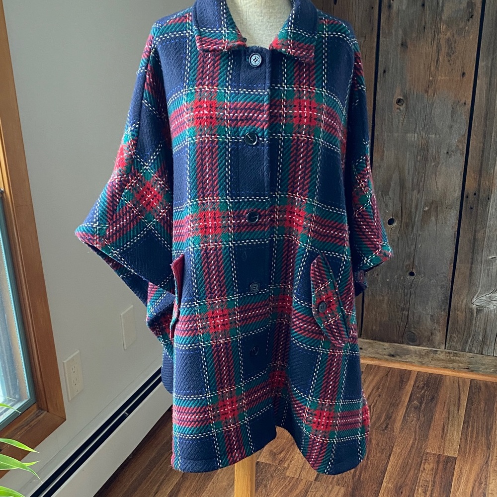 Talbots cape/poncho houndstooth red green blue oversized with pockets Sz S/M